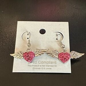 Silver Winged Heart Earrings with Pink Rhinestones